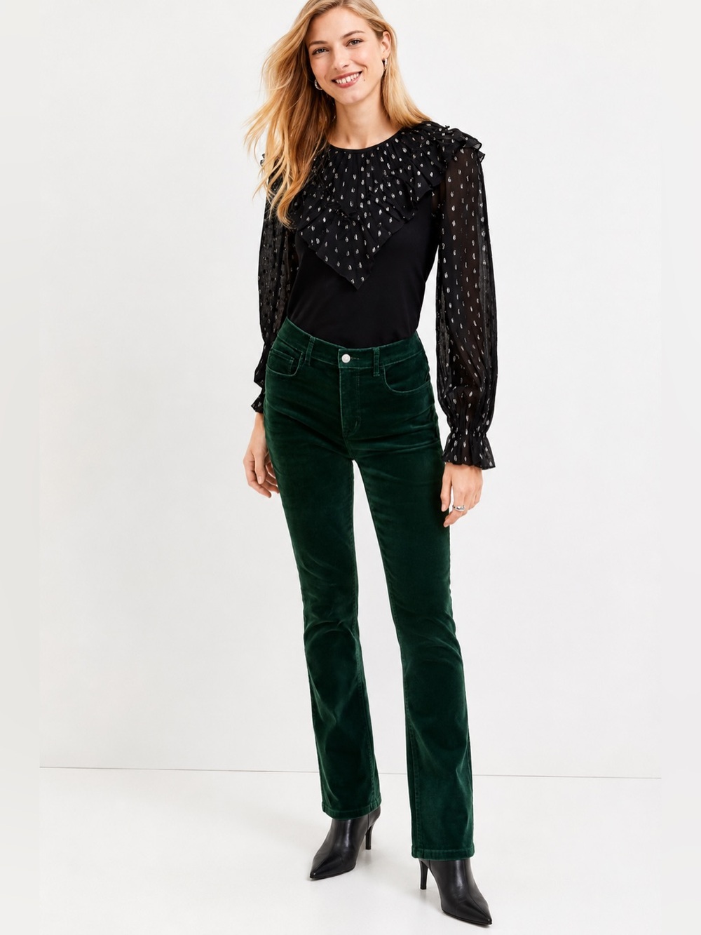 NWT Loft Black Shimmer Dotted Ruffle Collar Sheer Sleeves Metallic Top Medium - Picture 2 of 7